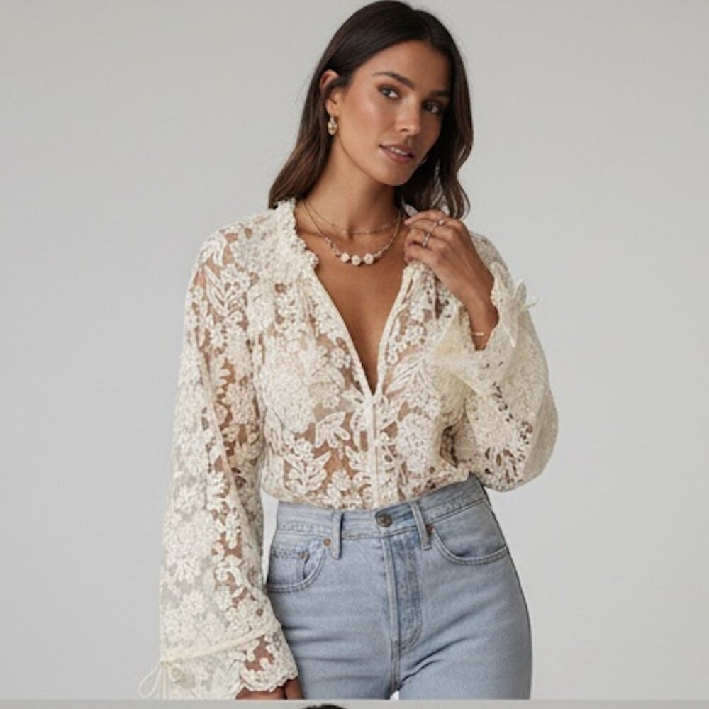 Boho Embroidered Lace Mesh Sheer Blouse Beige - Picture 1 of 8